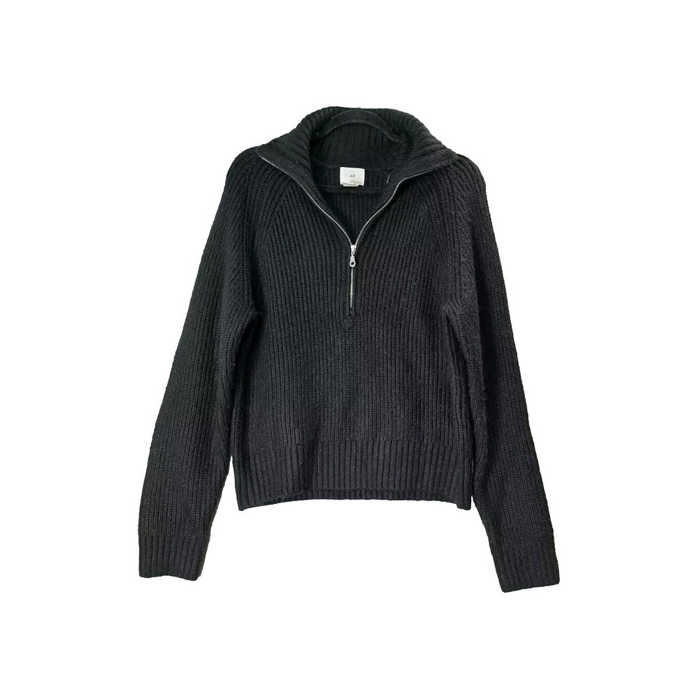 H&M Women's Black Knit Sweater 1/4‎ Zip Up Oversized XS
